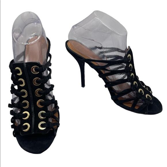Givenchy Zenaide Suede Nautical Eyelet Heels Caged Gladiator Black Size 38 8 - Picture 1 of 13